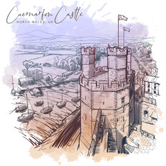 Caernarfon Castle, North Wales, UK, with a magnificent panorama of Snowdonia behind. Linear sketch on a watercolor textured background. Vintage design. Travel sketchbook drawing. EPS10 vector