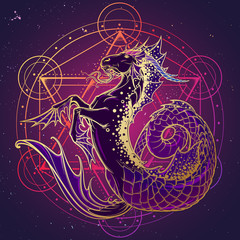 Zodiac sign Capricorn. Fantastic sea creature with body of a goat and a fish tail. Sacred geometry sign and a starry nightsky background. Vintage art nouveau style concept art for horoscope or tattoo.
