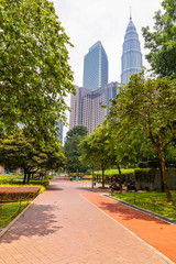 22 Apr 2019. Kuala Lumpur, Malaysia. The twin towers of Petronas. Central Park.