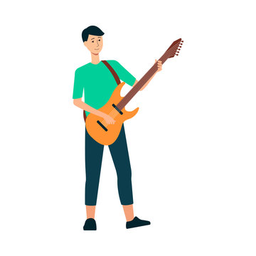 Man is standing and playing on guitar with strap cartoon style
