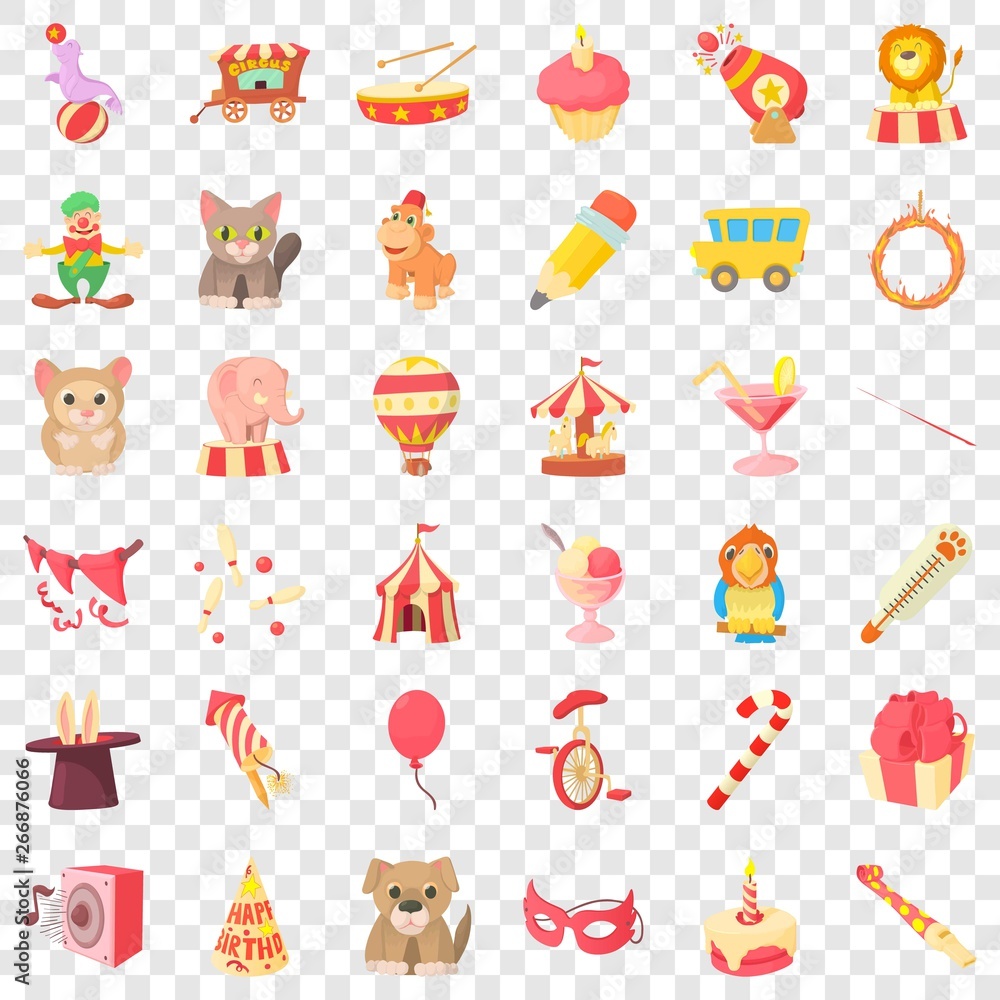 Poster Circus bird icons set. Cartoon style of 36 circus bird vector icons for web for any design