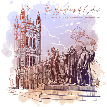 The Burghers of Calais statue with the Victoria Tower and the Houses of Parliament behind. Westminster, London, UK. Vintage design. Linear sketch on a watercolor textured background. EPS10 vector