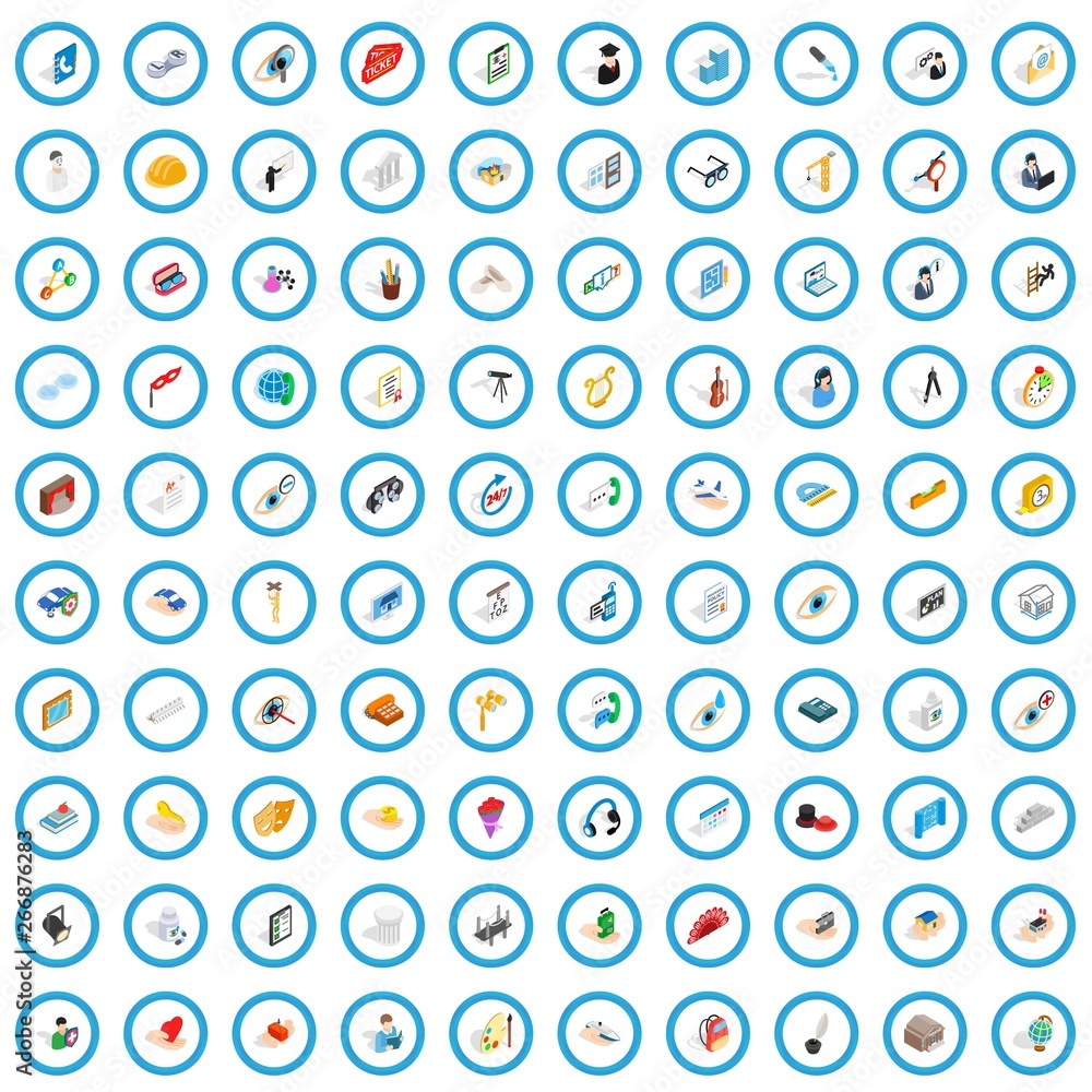 Poster 100 work space icons set in isometric 3d style for any design vector illustration