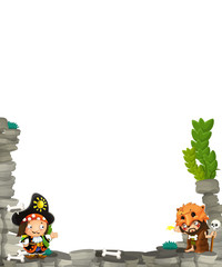 cartoon scene with cavemen and pirate captain frame for text - illustration for the children