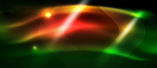 Dark background with neon glowing elements, shiny motion concept