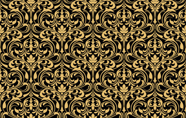 Floral pattern. Vintage wallpaper in the Baroque style. Seamless vector background. Gold and black ornament for fabric, wallpaper, packaging. Ornate Damask flower ornament