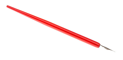 side view of dip pen with sharp nib and red holder