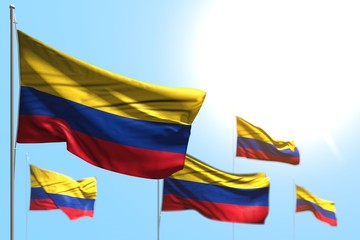 cute any occasion flag 3d illustration. - 5 flags of Colombia are waving against blue sky image with selective focus