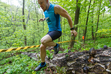 Young sporty man running trail cross in the forest