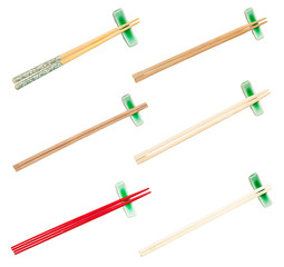 collection from various wooden chopsticks on rest