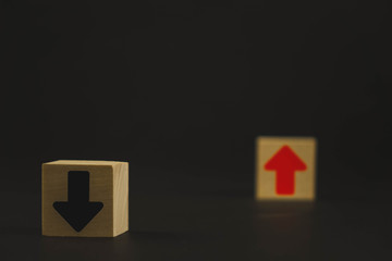 wooden cubes on the table are red and black, red means growth and development, and black arrow means fall and degradation, extinction, regression.