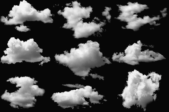 Set of clouds white  on isolated elements black background.