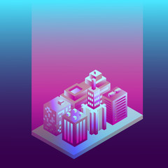 Isometric 3d city in neon ultraviolet colors. Neon buildings, architecture. 3d map of isometry city for business design concept. Vector.