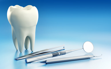 Macro close up 3D illustration of conceptual Human tooth with dental equipment.