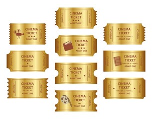 Set of retro golden cinema tickets cartoon or flat style
