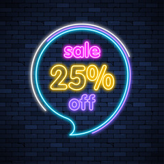 Sale 25 off glowing neon sign on brick wall background