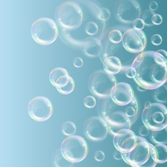 Realistic transparent floating soap bubbles with rainbow reflection. Design element for advertising booklet, flyer or poster