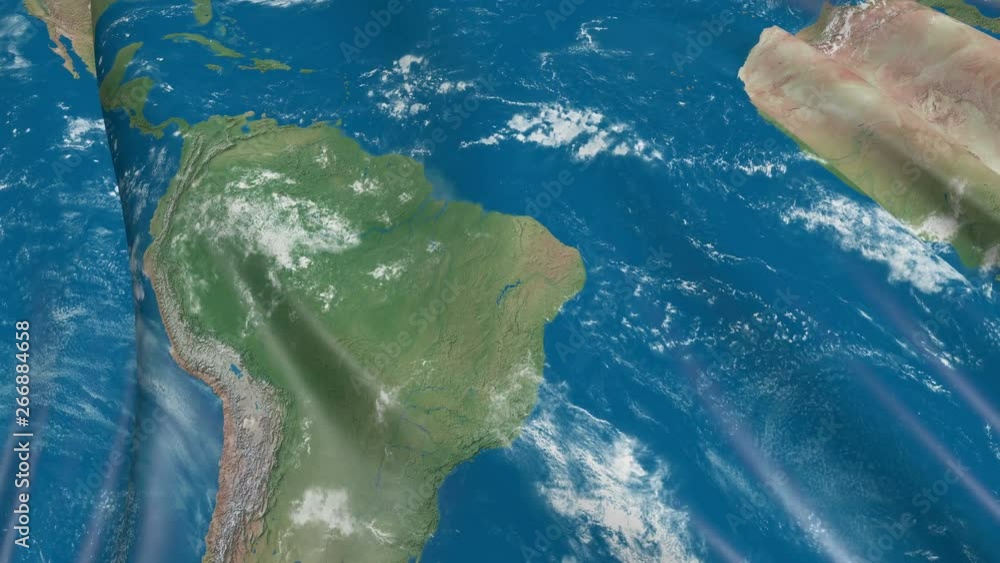 Poster flag with the texture of the planet earth. the flag develops smoothly in the wind. wind waves spread