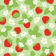 Green, red and white floral vector seamless pattern with strawberries, leaves and flowers. Spring and summer design for fabric, wrapping paper, berries packaging, kitchen or garden decor.