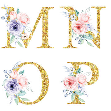 Floral alphabet, letters M, N, O, P with watercolor flowers and leaf. Gold monogram initials perfectly for wedding invitation, greeting card, logo, poster and other. Holiday design hand painting. 