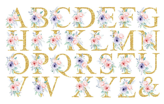 Floral alphabet, letters with watercolor flowers and leaf. Gold monogram initials perfectly for wedding invitation, greeting card, logo, poster and other. Holiday design hand painting. 