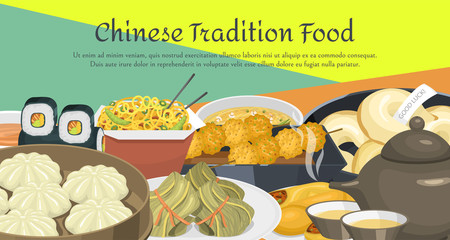 Chinese street, restaurant or homemade food ethnic menu vector illustration. Asian dinner dish plate. Traditional spicy appetizer snack poster. China cooking market or food festival culture.