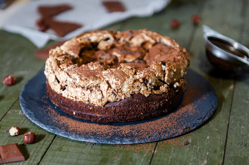 Chocolate Meringue Cake with crisp top and hazelnuts