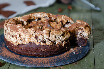 Chocolate Meringue Cake with crisp top and hazelnuts