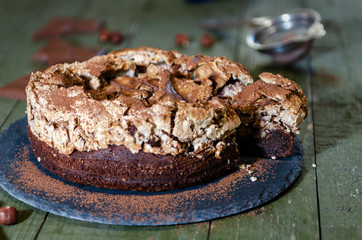 Chocolate Meringue Cake with crisp top and hazelnuts