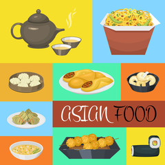 Chinese street, restaurant or homemade food ethnic menu vector illustration. Asian dinner dish plate. Traditional spicy appetizer snack poster. China cooking market or food festival culture.