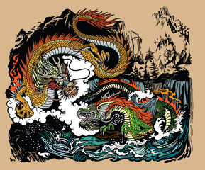 Two Chinese East Asian dragons in the landscape with waterfalls, mountains, clouds and water waves. Graphic style vector illustration