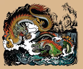 Zwei chinesische ostasiatische Drachen in der Landschaft mit Wasserfällen, Bergen, Wolken und Wasserwellen. Vektor-Illustration im grafischen Stil © insima