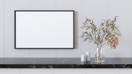 3d render. Mock up poster frame with a still life of plants with vases