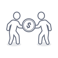 Man giving money coin, vector business concept illustration. Line icon