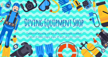 Underwater diving sport banner poster templates vector illustration. Water diving activity scuba dive equipment. Active swimming tourism tools adventure. Snorkeling recreation concept.