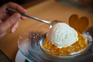 Close up of ice cream with jam in the restaurant