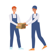 Delivery men or couriers passing a box vector illustration isolated on white.