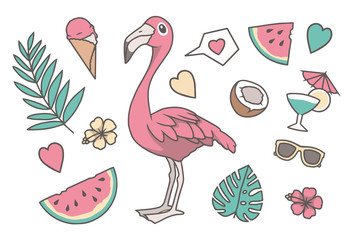 Tropical vector illustration set with cute cartoon style pink Flamingo bird, Palm and Monstera leaf, hearts, coconut, sunglasses, cocktail drink, watermelon and flowers