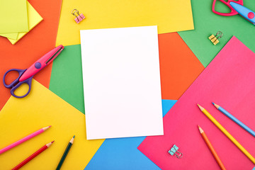 White papers for text on the background with colored cardboards. Preschool craft  kids concept