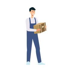 Friendly delivery man holding cardboard box