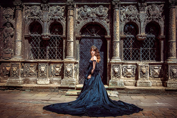 Delightful princess in magnificent black dress in front of Cathedral, Lviv, Ukraine © popovatetiana