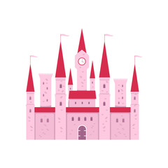 Cute pink fantasy castle with gate and tower clock in flat cartoon style