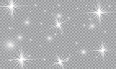 Dust white. White sparks and golden stars shine with special light. Vector sparkles on a transparent background. Christmas abstract pattern. Sparkling magical dust particles.