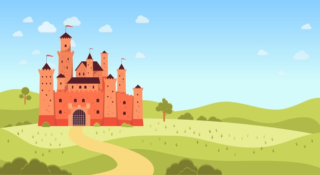 Natural landscape with medieval castle and copyspace flat cartoon style