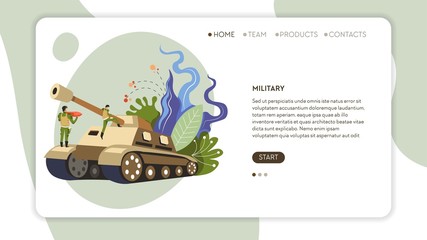Army soldiers in uniform and tank web page template