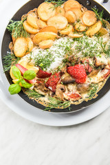 Grilled fish with fried potatoes, restaurant serving dish