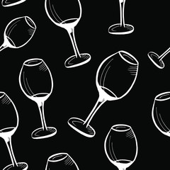 Wine glasses pattern. Hand-drawn white doodle of wine glasses on black backdrop. Chalk background. Seamless vector background