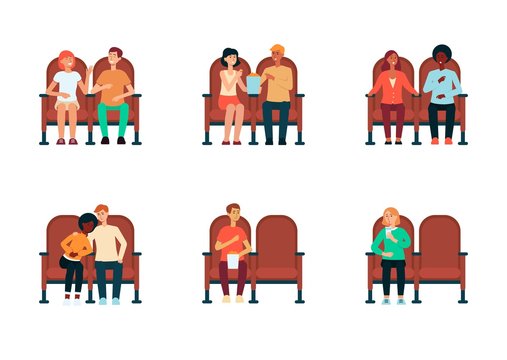 Set of people and couples sitting in cinema cartoon style