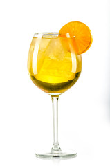 orange yellow drink with ice cubes and orange slice on white background, isolated