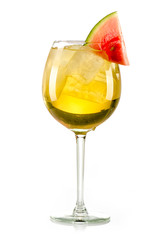 orange yellow drink with ice cubes and watermelon slice on white background, isolated